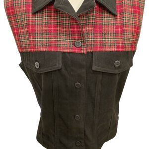 Vintage 90s Sun River Western Vest Black Suede Look Red Plaid Yoke Medium M